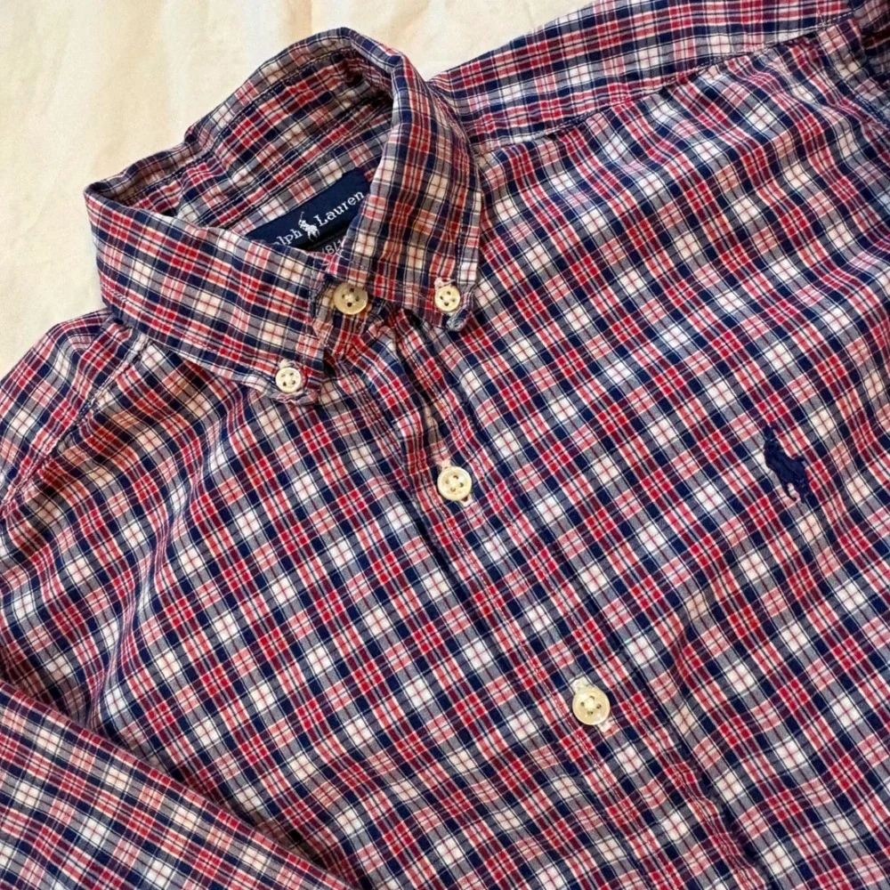 Ralph Lauren Kids Boys S 8/10 Plaid Button Down Shirt Red White Navy Blue Cotton